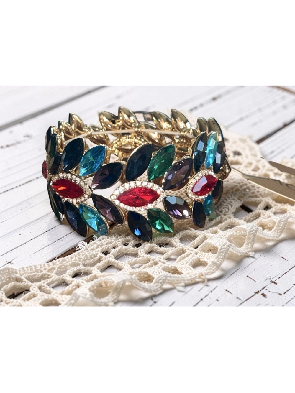 Monet Signed Marquis Rhinestone Gold Tone Stretch Bracelet Multicolor Glass New